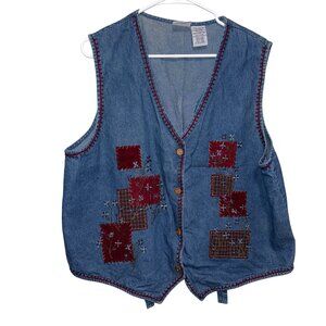 Bobbie Brooks Ladies Denim Vest XL With Embroidered Patchwork Design & Button Fr